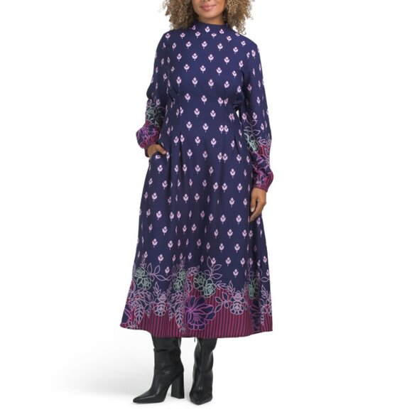 CELINA MOON Denim Blue Long Sleeve Mock Neck Floral Maxi Dress